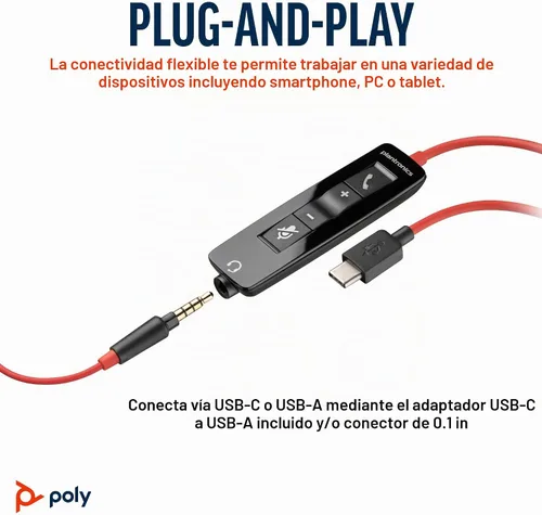 Vista 6 de Poly Blackwire 5210 - Auriculares con cable (Plantronics), micrófono flexible con cancelación de ruido, diseño de un solo oído, PC/Mac, móvil a