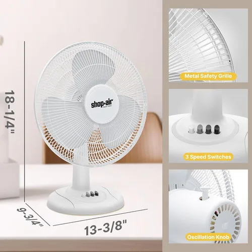Vista 2 de Shop-Air Ventilador de mesa oscilante de 12 pulgadas, 3 velocidades, circulación de aire silenciosa y potente, inclinación de cabeza ajustable