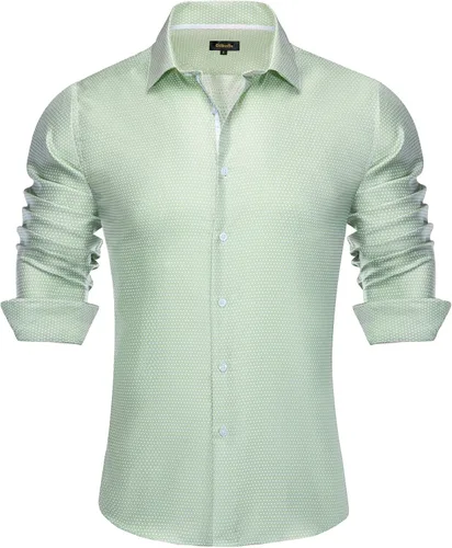 Vista 48 de DiBanGu Camisa de vestir de paisley de seda para hombre, formal, de manga larga, con cuello abotonado, camisas informales para fiesta de boda Negro