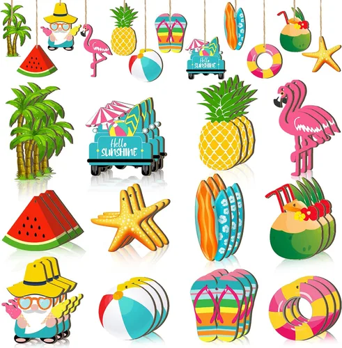 Vista 15 de Geelin - 36 adornos colgantes de madera de verano para árbol de Navidad en julio, mini decoraciones de árbol hawaiano, playa, colgante de madera