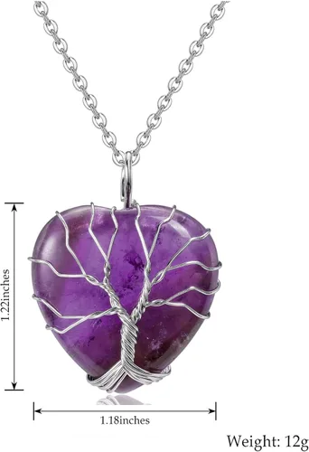 Vista 6 de Top Plaza - Collar de cuarzo rosa natural curativo con árbol de la vida envuelto en alambre de plata con forma de corazón colgante para mujeres