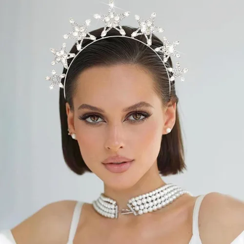 Vista 5 de Diadema de corona de halo de estrella plateada, diadema de halo de cristal, tiaras de diosa, tocado de novia, boda, graduación, Halloween