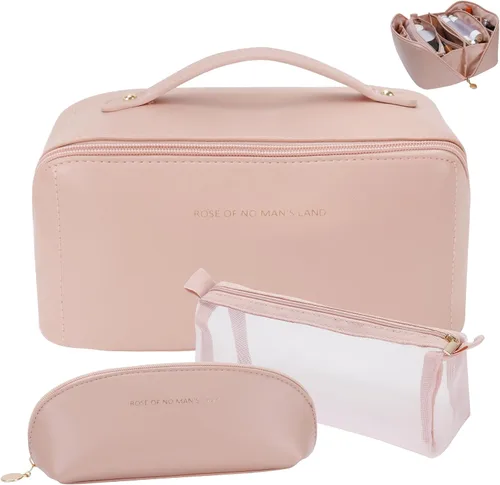 Vista 10 de 3 bolsas de maquillaje de viaje portátiles de gran capacidad para mujeres, estuche organizador de maquillaje plano abierto, bolsa organizadora
