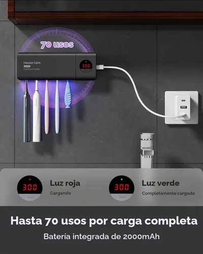 Vista 4 de Soporte para cepillo de dientes para baño montado en la pared, recargable Negro