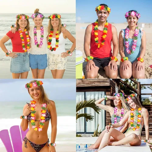 Vista 4 de jollylife 60 collares hawaianos Luau Leis pulseras diademas hibisco flores tropicales Tiki verano piscina fiesta suministros a granel