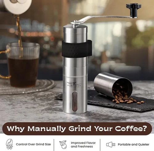 Vista 5 de Molinillo de café manual – 18 ajustes ajustables, molinillo cónico de grano de café de acero inoxidable, portátil, duradero y apto para viajes