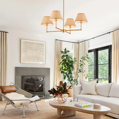 Vista 2 de Lámpara colgante de ratán bohemio de 31 pulgadas, 4 luces, rústica, ajustable, para cocina, isla, comedor, sala de estar, certificación UL Latón 4
