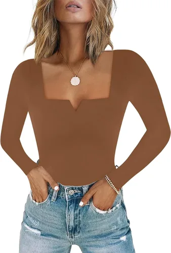 Vista 7 de Chunpin Body de manga larga para mujer, cuello cuadrado, muesca, cuello en V, traje de cuerpo de doble forro para salir, trajes de tanga Slim Fit