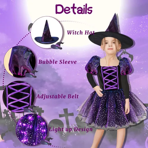 Vista 3 de Kitimi Light Up Witch Costume for Girls, Carnival Girls Witch Costume, Kids Toddler Witch Costume, Witch Costume for Party