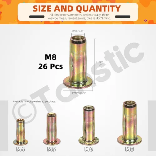 Vista 2 de Tanstic Kit de tuercas remachadoras M8 multiagarre, 26 piezas, acero al carbono chapado en zinc, tuerca de remache de alta resistencia, insertos