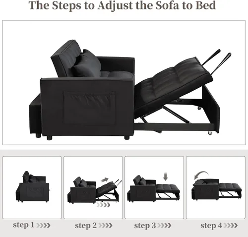 Vista 5 de Sofá cama convertible 3 en 1, sofá biplaza reclinable de dos plazas con respaldo ajustable y bolsillo lateral, sofá lounge de terciopelo con cama