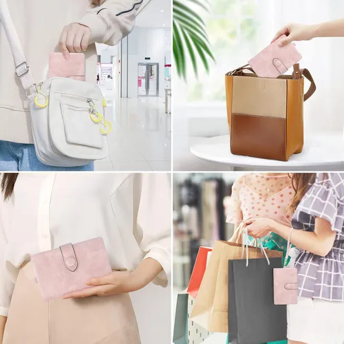 Vista 6 de Billeteras con bloqueo RFID para mujer, de gran capacidad, de cuero suave, cartera pequeña con correa para la muñeca, Rosado, Casual