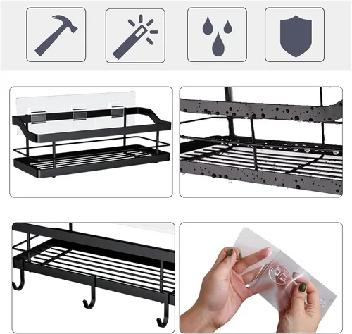 Vista 5 de Estante de baño para ducha, paquete de 2, cesta con 8 ganchos para colgar champú acondicionador, estante de acero inoxidable, organizador