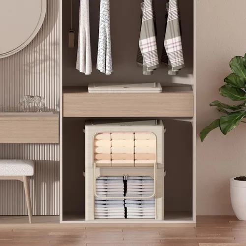 Vista 3 de Paquete de 3 cajas de almacenamiento con marco, bolsas de almacenamiento de ropa, tela Oxford, plegable, apilable, juego organizador con ventana
