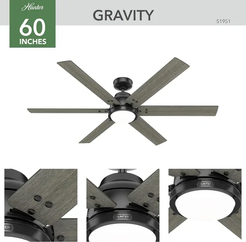 Vista 8 de Hunter Ventilador de techo interior de 60 pulgadas con luz LED y control remoto, ventilador de techo inteligente negro, montaje estándar, 6