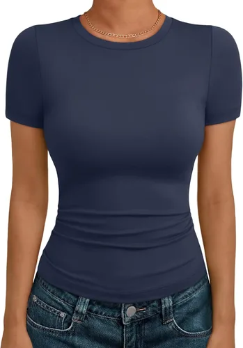 Vista 21 de AUTOMET - Camisetas básicas de manga corta para mujer, para verano, entrenamiento o gimnasio, con cuello redondo, ropa moderna estilo Y2K