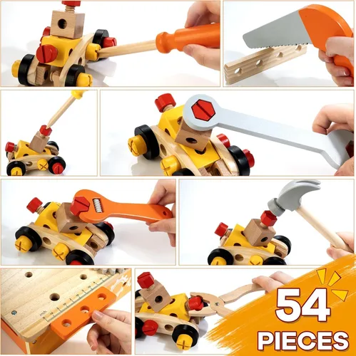 Vista 4 de Wooden Kids Tool Bench 54 PCS Montessori STEM Tool Set for Toddlers Age 3+