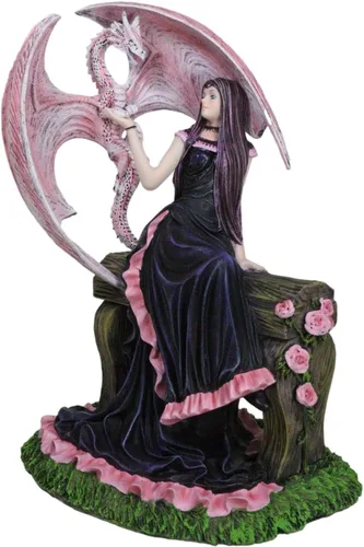 Vista 2 de Ebros Gift Fantasy Myths and Legends - Elegante dragón Wyvern rosa con hada rosa en vestido negro, damisela sentada en banco de madera, figura