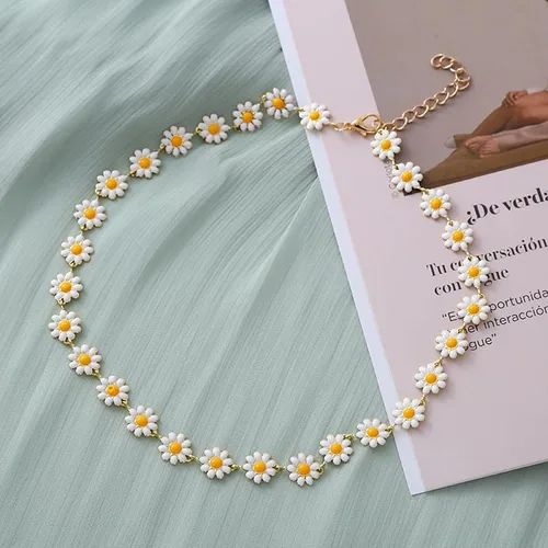 Vista 2 de Gargantilla bohemia con margaritas y flores, collar de cadena de clavícula de girasol para mujeres y niñas, regalos de novia, joyería de fiesta