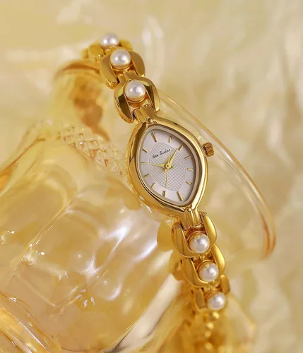 Vista 6 de ADSBIAOYE Elegante reloj de perlas para mujer, reloj de cuarzo analógico con esfera ovalada para mujer, pulsera de perlas