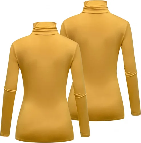 Vista 3 de Formeet17 Paquete de 2 camisetas de manga larga con cuello alto para mujer, básica, elástica, cómoda, cuello alto