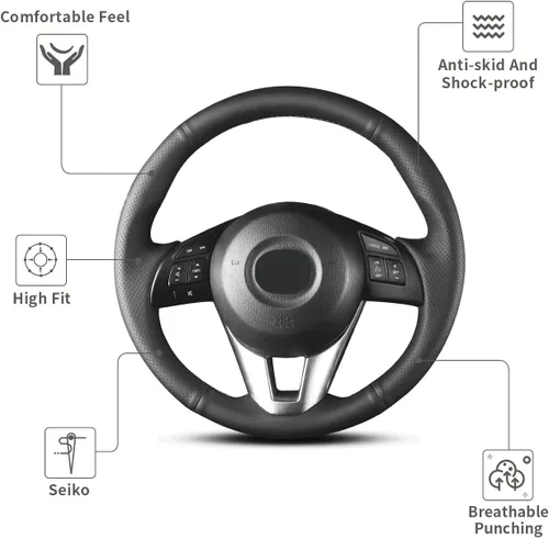 Vista 4 de Funda para volante de piel de microfibra cosida a mano, ajuste personalizado, para Mazda 3 2014-2016 Mazda 6 2014-2016 Mazda 2 2015-2017 CX-3