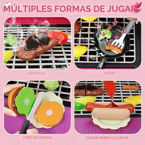 Vista 4 de Juguetes de Cocina para Niños, Parrilla de Barbacoa para Niños Juego de Cocina con Humo, Sonido y Luz, Juguetes de Comida Rosa Juego de Cocina