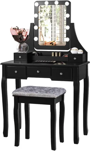 Vista 13 de CHARMAID Tocador de maquillaje con 10 luces LED, 4 cajones, estante de almacenamiento, perilla en forma de rosa, tocador de maquillaje
