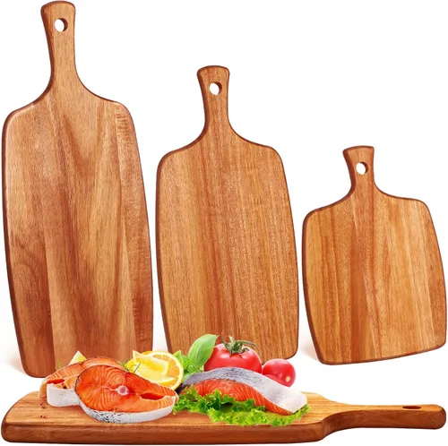 Vista 9 de Kathfly 3 tablas de cortar de madera de acacia con mango láser de madera para servir charcutería para verduras, carne, pizza, queso, pan de frutas