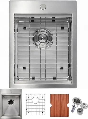Vista 11 de Fregadero de Barra Negro de Montaje Inferior, Fregadero de Cocina de Acero Inoxidable de 15x20 Pulgadas, Estación de Trabajo de Montaje Superior
