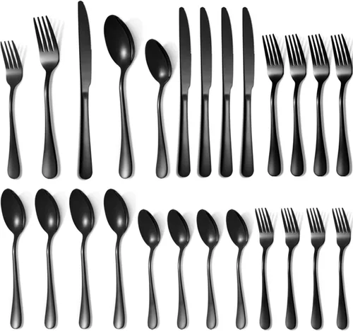 Vista 6 de Juego de cubiertos negros de 20 piezas para 4, juego de cubiertos de acero inoxidable de grado alimenticio, incluye tenedor/cuchillo/cuchara, juego