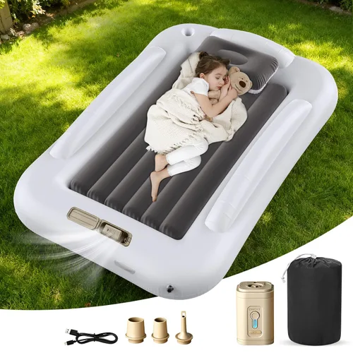 Vista 13 de Cama de viaje inflable para niños pequeños - Cama de viaje portátil para niños con lados de seguridad, juego completo de colchón de aire para niños