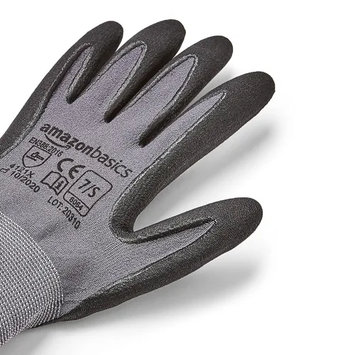 Vista 5 de Amazon Basics Guantes con revestimiento de nitrilo de microespuma, fibra de forro de nailon, pantalla táctil, gris, talla 7 (S), paquete de 6