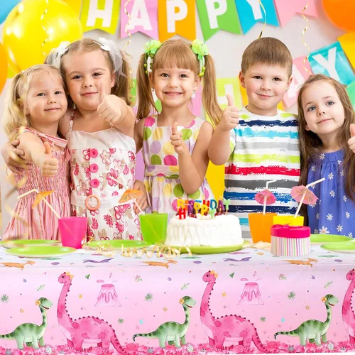 Vista 8 de Irenare 3 manteles de dinosaurio rosa para niñas, fundas de mesa rectangulares desechables de plástico con estampado de dinosaurios para niñas