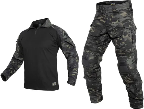 Vista 12 de YEVHEV Conjunto de ropa militar de combate G3, ropa táctica de camuflaje, uniforme de caza, equipo de paintball con rodilleras para hombres Negro