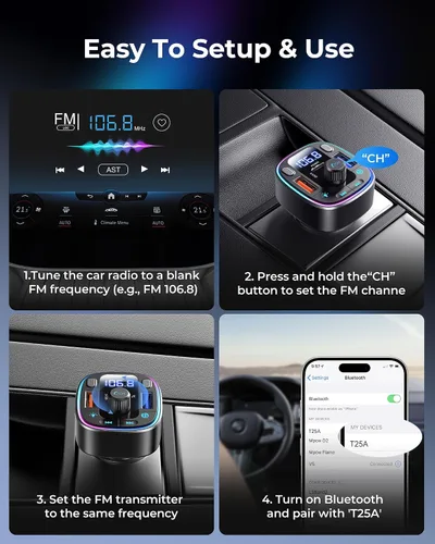 Vista 9 de LENCENT Bluetooth 5.4 Adaptador de coche Transmisor FM 54W Carga rápida Dual Mics, HiFi Bass Sound, 2 Modes LED Backlit, Cigarette Lighter Adapter
