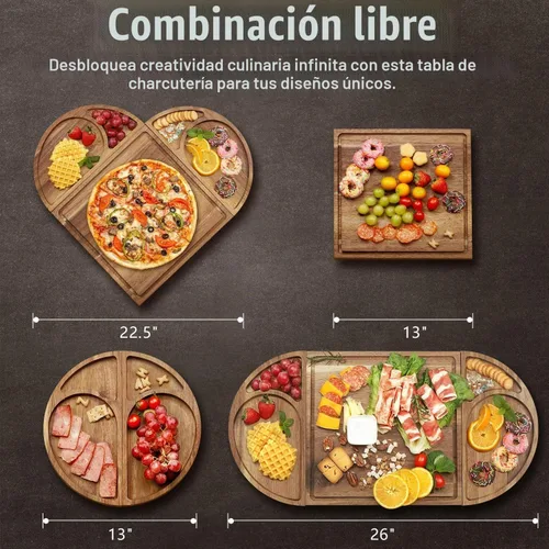 Vista 4 de Juego de tablero magnético de madera de acacia, 3 piezas con forma de corazón y queso cuadrado