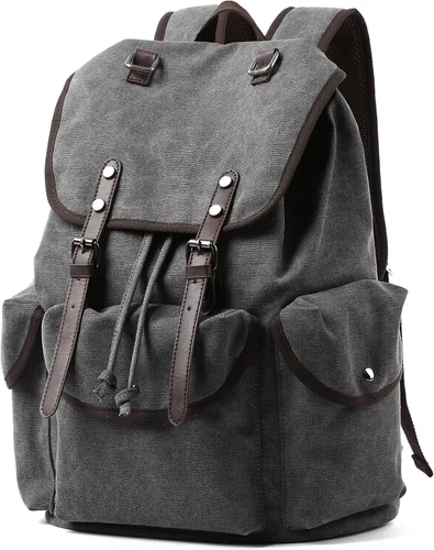 Vista 10 de MOYYI Mochila de lona para hombre para laptop de 13 a 17.3 pulgadas, mochila vintage duradera con ribete de cuero para uso diario, universidad