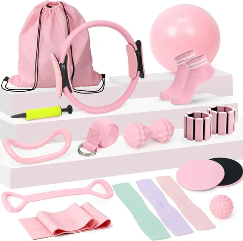 Vista 8 de Pilates Equipment Kit for Women, Pink Ring Ball Bands, Home Workouts 15 piezas