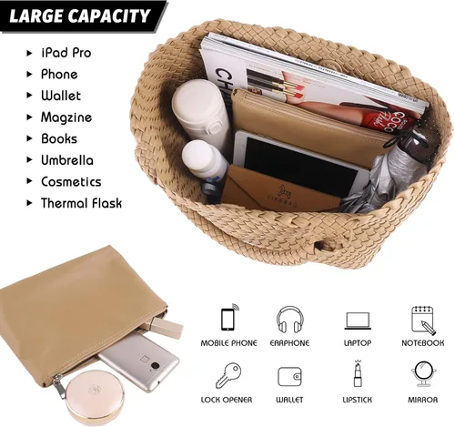Vista 3 de Vipost Bolsa de mano tejida para mujer, bolsa de playa grande de cuero vegano con bolso, bolso de viaje con asa superior, bolsas de hombro tejidas