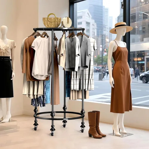 Vista 7 de Perchero redondo con ruedas, estante de ropa multiusos de doble espacio independiente con ruedas y parte superior, organizador de ropa comercial