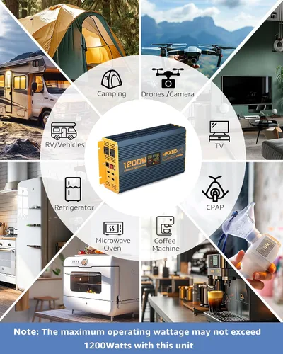Vista 6 de Inversor de Potencia de Onda Sinusoidal Pura de 1200 Vatios DC 12V a 110V AC Convertidor con Dos Salidas de CA, Puertos USB de Carga Rápida