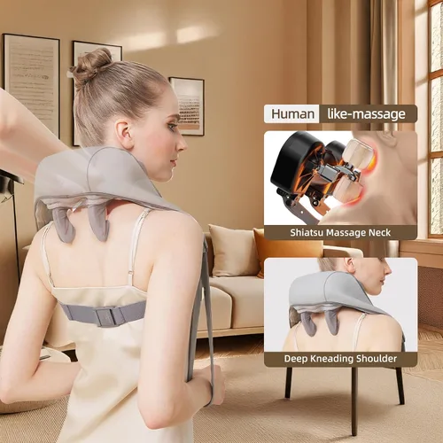 Vista 2 de Masajeador Shiatsu inalámbrico de cuello y hombros con calor - Masaje de amasamiento 6D, alivio del dolor de tejido profundo para trapecio, Gris