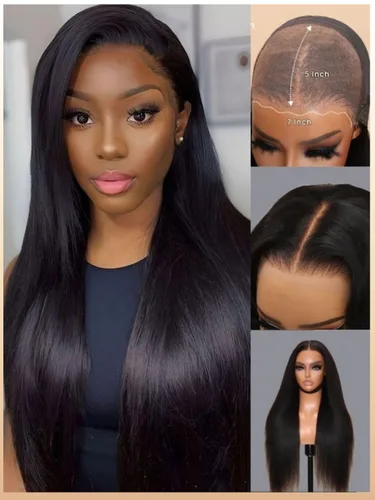 Vista 9 de Nadula Bye Bye Knots Yaki - Peluca de cabello humano lacio sin pegamento con cordón elástico precortado, nudos invisibles de 7 x 5 pulgadas, encaje