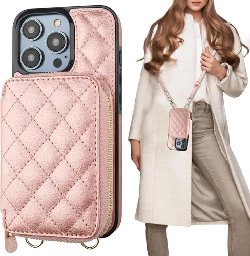 Vista 13 de Bocasal Funda tipo cartera cruzada para iPhone 14 Pro, con bloqueo RFID, de piel sintética, con cremallera, funda tipo cartera con función atril