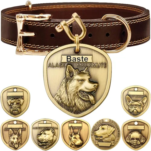 Vista 28 de Collar de cuero auténtico para perro + Juego de etiqueta para perro bulldog con relieve 3D (XS-S)