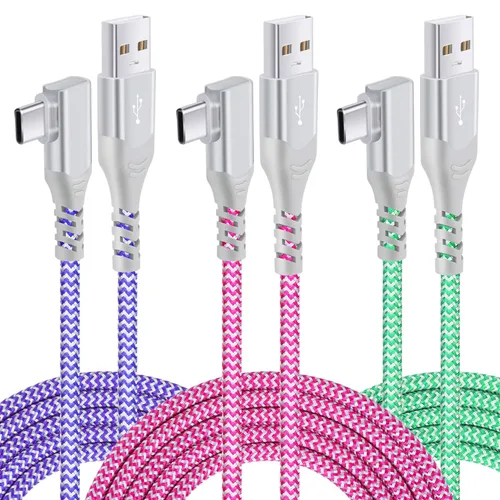 Vista 11 de Pofesun - Cable USB C [3 unidades, 6.6 pies] 3.1A tipo C cargador de carga rápida en ángulo recto, cable de carga USB C trenzado compatible