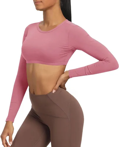 Vista 4 de Aoxjox Camiseta corta de manga larga para mujer, Clarissa sin espalda, para entrenamiento