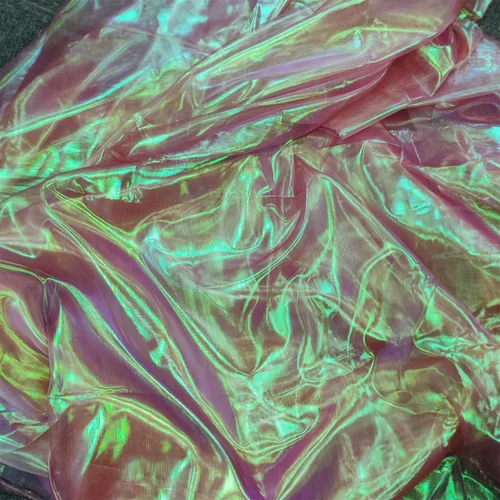 Vista 3 de Tela de encaje de organza con gradiente láser arcoíris mágico, tela de gasa holográfica iridescente para vestido de novia, cortina, fondo, fiesta