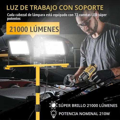 Vista 6 de Luces de trabajo con soporte, 21000 lúmenes, 2 cabezales ajustables, luces de trabajo LED, con soporte de trípode ajustable y plegable, lámpara